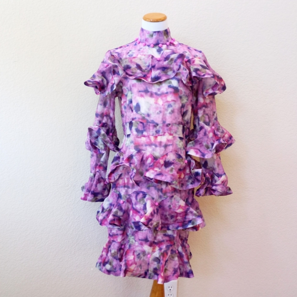 Beulah Lavender Floral Ruffled Long Sleeve Mini Dress - Picture 2 of 10